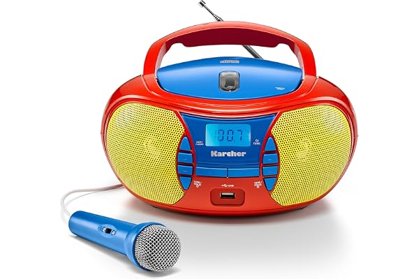 Karcher Radio CD Portable RR 5026 - Boombox colorée pour Enfant avec Lecteur CD, Radio FM, USB et Microphone - Fonctionne sur Batterie/Secteur