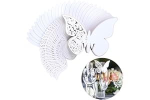 QH-SHOP Butterfly Place Card Pearlescent Laser Cut Glass Cup Card 3D Butterfly Motif Embossed Butterfly Wine Card for Wedding Party Birthday Christening 100 Pack White