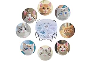 Bouiexye Diamond Coasters Art Painting Kit, 8pcs Diamond Cute Cat Art Coasters with Holder DIY Diamond Crafts Art Supplies for Adults Kids Beginners Beach House Decor (New Cat Style)
