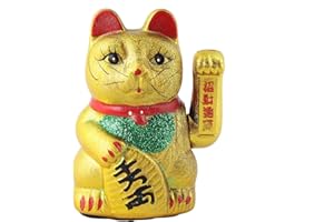 T-Tex Srl Gatto della Fortuna - Gatto Cinese - Maneki Neko in Ceramica - 17 cm - Oro