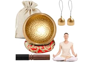 FYNOKST Ensemble de bols chantants tibétains, en laiton, 8,6 cm de diamètre, avec base en bois, 2 cloches en laiton et un sac de rangement, pour yoga, méditation