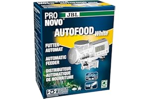 JBL PRONOVO AUTOFOOD, Distributeur automatique d'Aliment pour Aquarium, Aliment en Granulés pour Poissons jusqu'à 4x par jour, Avec Support et Anneau adaptateur pour augmenter le Volume à 375 ml,Blanc