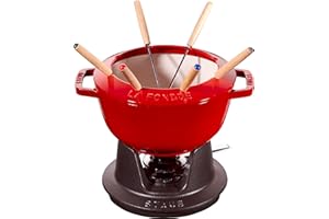 STAUB Fondue Set mit 6 Gabeln, Gusseisen, 20 cm, 2,3 l, Geeignet für Käse- Schoko- und Fleisch-Fondue, Kirschrot