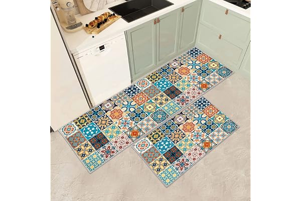 JEFFEL Set med köksmatta, halkfri, tvättbar, köksmattor, löpare, set med 2 anti-trötthet, köksgolvmatta för heminredning, kontor, stående skrivbord (E, 120 L x 40 B x 0,2 tum)