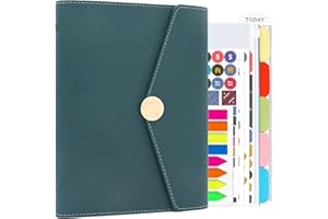 HXRTANGS Set di raccoglitori per quaderni in pelle PU, formato A5, ricaricabile, con bandiere per indice, divisori per soggetti, adesivi per budget, tasca con cerniera e righello segnalibro, blu