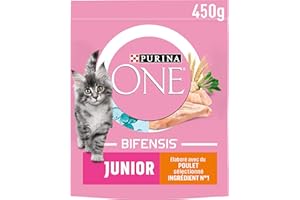 PURINA ONE | BIFENSIS JUNIOR | Chaton jusqu'à 12 mois et Chattes en Gestation | Croquettes | Aide au développement sain des fonctions vitales du Chat | Au Poulet | Sac | 450g