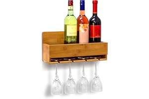 ‎RELAXDAYS Relaxdays Regał na wino z uchwytem na szkło, wys. x szer. x gł.: ok. 17 x 37 x 11,5 cm, regał na butelki z bambusa z miejscem na 4 butelki i 4 szklanki do montażu na ścianie, regał wiszący drewniany