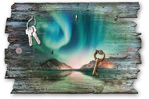 ‎KREATIVE FEDER Kreative Feder Nordlichter Designer Schlüsselbrett, Hakenleiste im Landhaus-Stil, Shabby-Chic aus Holz 30x20cm (Nordlichter)