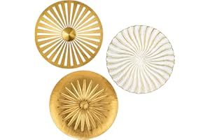 Hollyone 12" Wall Décor Pack of 3 Metal Gold&White Washed Starbursts Radial Plate Wall Art Modern Accent Hanging Wall Decorations for Home Office Bedroom Living Room Wall Sculptures