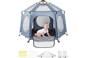 HOMGEN Laufstall Baby Faltbar mit Matratze 144×103cm– Pop-up Laufgitter Baby Klappbar, 6 Eckig, Leicht und Tragbar, Reiselaufstall mit Tragetasche Mit Sonnenschutz für Garten, Strand und Reisen