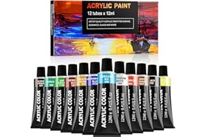 Sophtaigt Acrylic Paint Set, 12 Colors Non-Toxic Acrylic Paint Kit for Painting Canvas, Fabric, Wood, Paper, Ceramic, Art Supplies Kit for Artists, Beginners and Kids