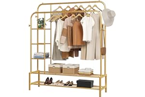 JOISCOPE Perchero con 2 Rieles para Ropa, Perchero Multifuncional con 3 Capas de Estantes Laterales, 2 Capas de Estantes en el Piso, 4 Ganchos, Sala de Estar, Dormitorio, 125.5 * 164.5 Oro