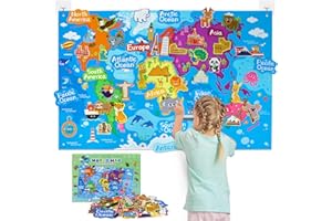 Taika 43x28 inch World Map Felt Board Set, Floor Mat, Animals Felt Story Board, Geography Theme Carpet, Kids World Country Area Rug, Colorful Map Play Mat