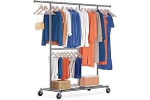 HOKEEPER Schwerlast Kleiderständer auf Rollen, bis 150 kg Belastbarkeit, strapazierfähige Kleiderstange mit Ablageflächen zum Aufhängen, für Schlafzimmer, Büro, Geschäft, verchromter Stahl, schwarz