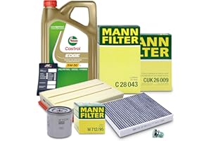 GENERISCH MANN-FILTER Inspektionspaket Filterset 1x Ölfilter, 1x Innenraumfilter (Aktivkohle), 1x Luftfilter, 1x BESTPRICE Ölablassschraube mit Dichtring, 1x Motoröl 0W-20 EDGE LL IV 5l,
