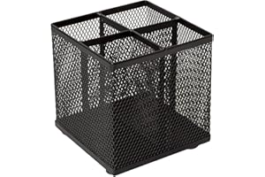 OSCO Black Wiremesh Square Pen Pot, 4 Sections Pencil Holder, Desk Tidy Office Organiser, Makeup Brush Holder Cosmetics Display, Metal Mesh Organiser, H10.5 x W10 x D10 cm, Single, Black