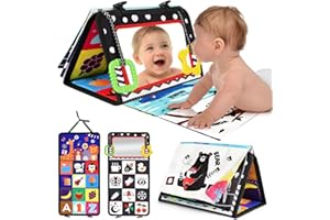 URMYWO Juguetes Bebés Libro Bebé Montessori Plegable Tummy Time con Espejo Mordedor y Patrones Contraste Blanco Negro - Bebés 0-12 Meses Niños Niñas
