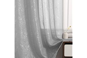 Kotile Silver Gray Net Curtains for Living Room - Metallic Silver Glitter Voile Curtains 90 Inch Drop, Light Filtering Privacy Grey Voile Window Curtain Panels, W46 x D90 Inch, 2 Panels, Silver Gray