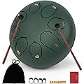 Lomuty 6 Pouces 15 cm Tambour de Langue en Acier, 8 Notes C Majeur, Instrument de Percussion, Tambour à Main avec Sac, Livre de Musique, Maillets et Médiators(Vert)