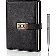 WEMATE Diary With Lock,A5 Pu Leather Journal With Combination Lock,Vintage Lock Journal Password Protected Notebook With Pen&Gift Box,Lock Diary Planner Organizer For Women Men,8.6X5.8In,Black,240 Pages