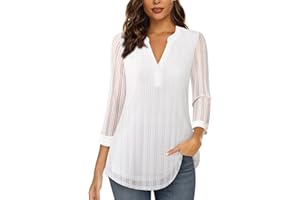 Vafoly Damen 3/4 Ärmel Oberteil Henley V-Ausschnitt Hemden doppellagig Mesh Bluse Tuniken