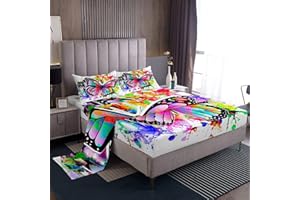 Loussiesd - Set di biancheria da letto per ragazze e ragazzi con motivo arcobaleno e farfalle multicolori 3D, con 1 lenzuolo piano, 1 lenzuolo con angoli + 1 federa, per letto singolo