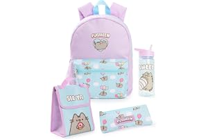 Pusheen ryggsäck för flickor | barn 4 delar blå och rosa ryggsäckspaket med skolväska, pennfodral, lunchväska och vattenflaska