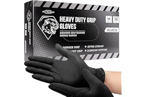 JFA Medical Disposable Heavy Duty Mechanic Powder Free Latex Free Black Diamond Grip Nitrile Gloves - Box of 50 (Medium)