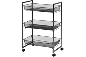 ‎SONGMICS SONGMICS Rollwagen, Haushaltswagen, Badezimmerregal, Küchenregal, Nischenregal mit 3 Gitterkörben, platzsparend, einfacher Aufbau, Küche, Büro, Badezimmer, Wohnzimmer, schwarz BSC061B01