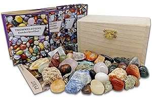 TASSORM Schatzkiste gefüllt mit Edelsteinen, Pyrit und Rohsteinen + informativen Beilageheften zum Lernen über den Inhalt | Ideal für Kinder bei der Schatzsuche, zum Spielen, Entdecken und Ausgraben