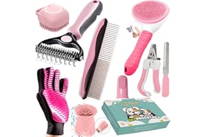 PUKPU Kit Toilettage Chien et Chat 9 Pièces - Comprend Brosse et Peigne, Coupe Ongle et Lime, Brosse a Dent et Brosse de Bain pour Chien, Nettoyeur Patte Chien et Gant Brosse pour Chat