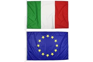 DOMINA PUBBLICITÀ Kit 2 bandiere 150x100 cm (ITA/EU) in tessuto nautico da 115g/m², bandiere Italia e Europa 150x100 cm con cordino, doppia cucitura perimetrale e fettuccia di rinforzo