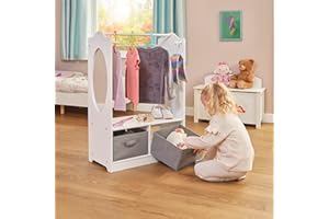 Liberty House Toys White Wooden Dress Up Unit With Two Grey Storage Boxes