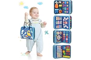 BEBEFANT Busy Board for Toddlers & Kids - Sensory Early Development Toy Montessori Toys for Boys Girls 2 3 4 5 6 year olds - Alphabet Numbers Shapes Colours My Body Calendar Time & Date - Dark Blue Dino