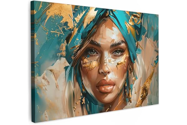 MuchoWow© Impression sur Toile Decoration Murale Peinture 120x80 cm Tableaux Art Décoratif Muraux Décoration Chambre Femme - Portrait - Or - Luxe - Bleu