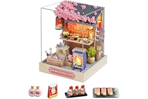 CUTE-EYFUD Mini DIY Dolls House Kit for Beginners, Wooden Dollhouse with Furniture & LED & Dust Cover, Collectible Craft for Adults and Kids for Birthdays and Holidays (SUKURA NOODLES SHOP)
