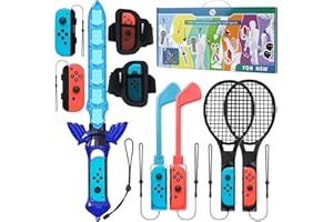 Exsivemy 9 in 1 Switch Spiel Sport Zubehör Bündel für Nintendo Switch Sports, NS Switch Sports Spiel Zubehör Set mit Golfschläger, Tennisschläger, Armbändern, Beingurten, Schwert
