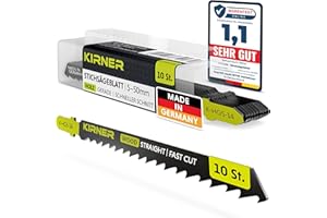 KIRNER Stichsägeblätter Holz 10 Stk. [ bis zu 5x mehr Schnitte ] extrem schneller & gerader Schnitt (5-50mm) in Holz & Kunststoff - für alle T-Schaft-Stichsägen - Sägeblätter Stichsäge