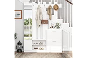 Oslghy Garderobenset Wandgarderobe, Garderoben Set mit Klapptüren Schuhschränken und Wandpaneelen, Garderobenständer mit 4 Kleiderhaken, Flurgarderobe Set mit Spiegel und Türen, Weiß, 135x25x180 cm