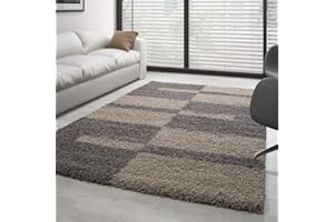‎CARPETTEX TEPPICH Carpettex Hochflor Teppich Wohnzimmer Shaggy Flokati Teppich Modern Kariert Design 160 x 230 cm Taupe - Teppich Schlafzimmer Weich Flauschig Waschbar Teppich Küche Esszimmer - Langflor Teppiche