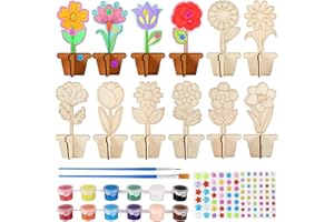 Annickee 12 Fleurs Bois à Peindre, Kit de Bricolage 3D pour Enfants, Fleur Bois Decoration avec Pinceau, Bandes de Couleur, Autocollants, Tulipes, Pots de Fleurs pour Bricolage et Peindre