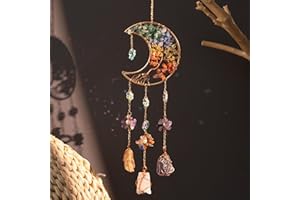 MAUSOUCA Moon Crystals Tree of Life Dream Catchers,Natural Gem Agate Wall Hangings for Windows Garden Home Décor (Colorful Moon Tree of Life)