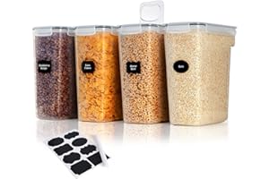 Lifewit 4 szt. Pojemniki do Przechowywania Zbóż z Ookrywkami Typu Flip-Top, 5.5L Hermetyczne ZestawyPojemników do Przechowywania Żywności z Naklejkami na Etykiety do Organizacji Lady Kuchennej, Owsa
