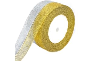 G2PLUS Gold and Silver Organza Gift Wrapping Ribbon, 20mm Sparkly Decorative Christmas Ribbon for Presents Wrapping, Christmas Crafting, 2 Roll x 22M