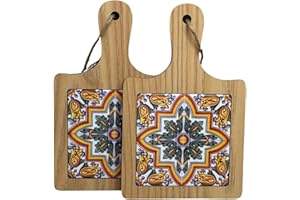ChicHouse Set 2pcs mini taglieri da cucina in legno con manico ideali per piccoli antipasti, formaggi, salumi o come salva superfici e sottopentola. (2, Arancione e Verde, Quadrato 19.6 x 12.3 x 1 cm)