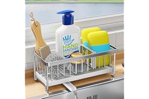 Kitstorack Soporte Esponja Fregadero, Soporte Estropajo Fregadero de Cocina, Organizador de Fregadero con Bandeja de Goteo Extraíble y Drenaje para Encimera, Organizador de Lavado (Plateado)