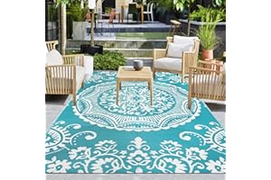 ‎CAPSLPAD Capslpad Wendematten 150x245cm Wasserdichter Außenbereich Terrass Teppich Boho Blumen-Kunststoff-Strohteppich Tragbar Indoor Outdoor Teppich für den Garten Veranda Hinterhof Balkon Picknick Dekor,Teal
