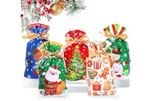 Hianjoo 50 sztuk świątecznych woreczków prezentowych, torebek bożonarodzeniowych, ze sznurkiem ściągającym, torebki na prezenty, słodycze, torebki na ciastka, opakowanie na prezent, Boże Narodzenie