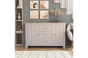Galano Lexington 2 Door 3 Drawer Sideboard – Storage Cabinet for Living Room & Hallway – 119.0W x 39.8D x 76.4Hcm – Light Grey/Oak