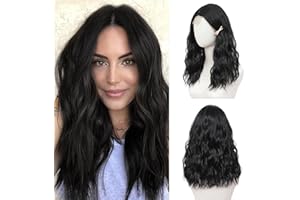 BUPPLER Jet Black Perücke 45,72 cm mittellange Perücken für Frauen Mittelteil Kunsthaar gewellte Perücke mit verbesserten Strähnen, Naturhaarperücke für den täglichen Party/Halloween